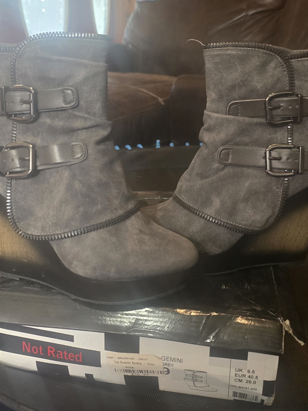 Not Rated Gray Suede Buckle Wedge Ankle Boots - Picture 10 of 12